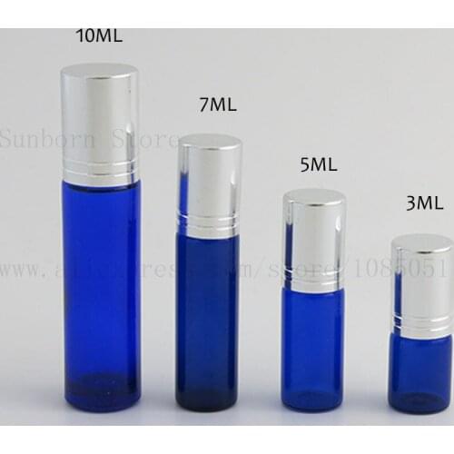 5pcs 3ml 5ml 7ml 10ml Refillable glass Metal Roll on Bottles matte blue bottle Glass Stainless Steel Roller Ball