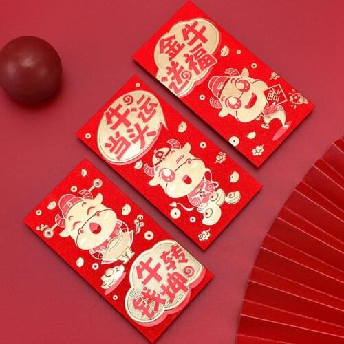 6Pcs 2021 Ox Year Zodiac Cattle Printing Red Envelope Cartoon Cow Waterproof Film Thickened Lucky Money Bag Festival Supply