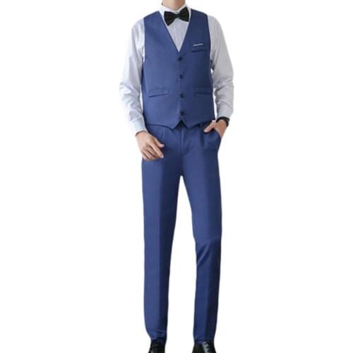 Business Suit Set V Neck Formal Men Solid Color Buttons Vest Shirt Pants Wedding Men Suits Blazer Oversize 2021