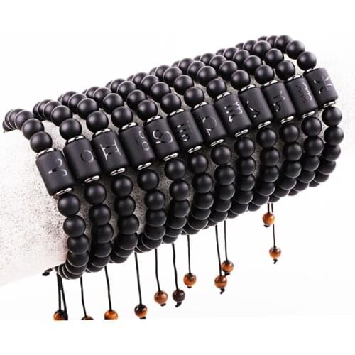 New Design Matte Black Agate Stone Beads 12 Constellation Zodiac Macrame Adjustable Bracelet Men