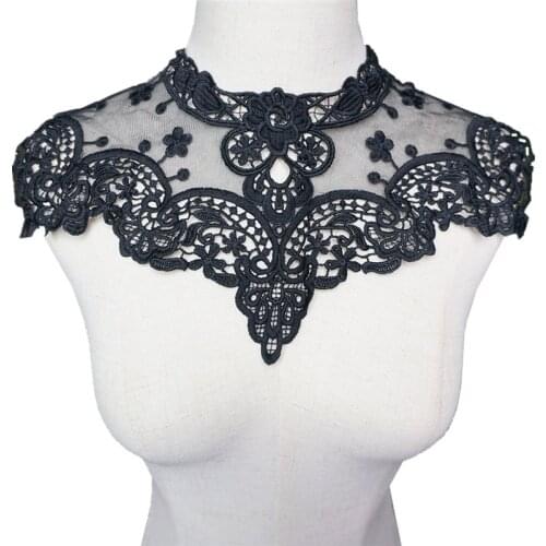 36CM Black Embroidered Flowers Lace Collar Mesh Appliques Gothic Maid Wear Vintage Trims Sew On Patch For Wedding Evening Dress