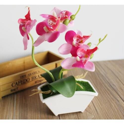 Double Forks Artificial Butterfly Orchid Flower Phalaenopsis Home Office Decor with Flowerpot