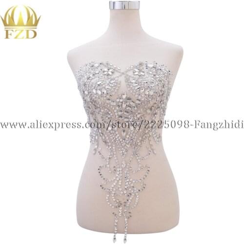FZD 1 Piece Handmade Clear Glass Stone Patches and Rhinestones applique with Gauze for Wedding Dresses, DIY Decorative Ball Gown