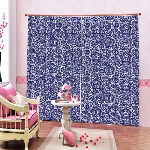 Classic European Geometric Blue Pattern Curtain Digital Print For Living Room Bedroom Indoor Floral Blackout Window Drapes Sets