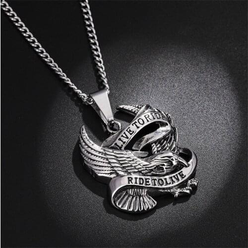 Fashion Punk Rock Eagle Pendant Necklace Chain LIVE TO RIDE Jewelry Necklace for Men European and American Streets Necklace