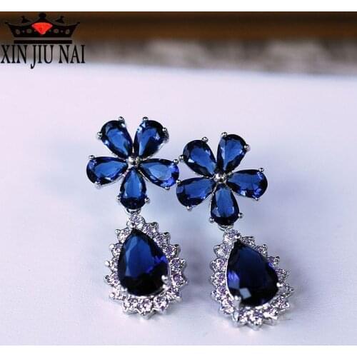 Fashion Female Crystal Flower Earrings CZ Rhod Blue White Earrings Boho Wedding Jewelry Long sapphire Earrings