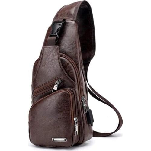 FGGS-Mens Chest Bag with Charge Port USB Bag Retro Crossbody Pu Leather Vintage Business Bag Pouch for Sport Dark Brown