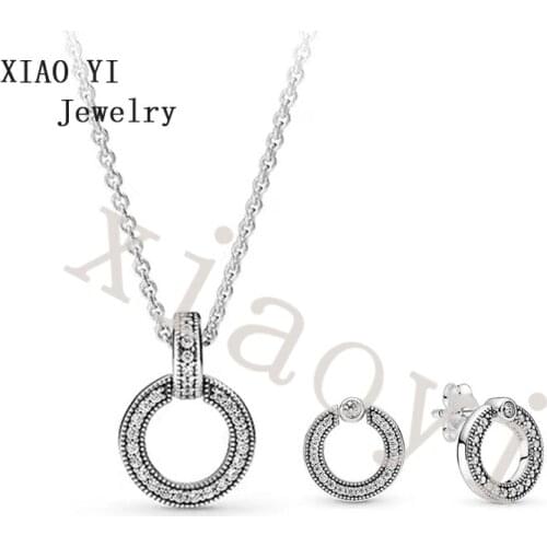 XIAOYI 2021 NEW S925 Circle double ring necklace earrings with zircon series wedding accessories jewelry of high quality female