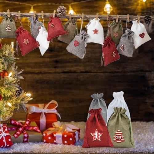 Christmas Advent Calendar Bags Set 24 Days Burlap Advent Calendar Gift Drawstring Bags With Clips Hemp Rope DIY Christmas Decor