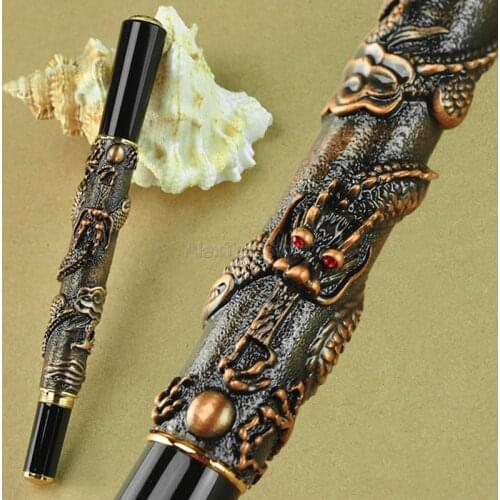 Jinhao Portable Fountain Pen, Oriental Dragon Series Heavy Pen Iridium Fine Nib Red Copper Collection Business Gift Pen