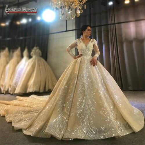 Stunning Long Sleeves Wedding Dress Lace Beading Full Wedding Gowns 2022