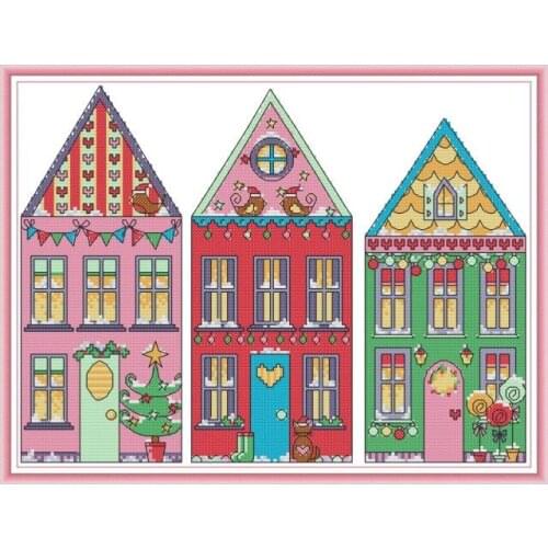 Rainbow house cross stitch kit aida 14ct 11ct count printed canvas stitches embroidery DIY handmade needlework