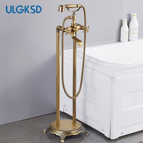 ULGKSD Antique Brass Bathtub Faucet Rainfall Hand Shower Floor Stand Faucet Dual Handle Bathroom Shower Bathtub Mixer Tap Faucet