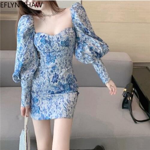 Summer Vintage Blue Print Dress Women New Fashion Long Puff Sleeve Ruffled Mini Dress Retro Sheath Square Neck Sexy Party Dress