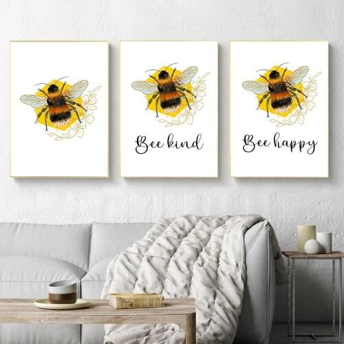 Inspirational Quote Poster and Print Bee Happy Kind Wall Art Picture Motivational Art Bumblebee Canvas Painting Home Decor