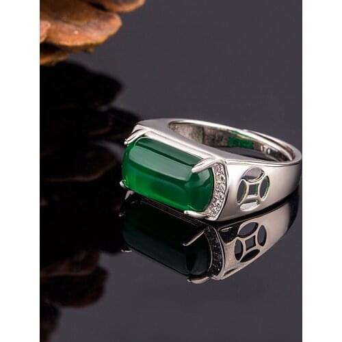 Vintage Silver Mens Ring Emerald Jade Resizes Square Shaped Man Finger Jewelry Wedding Party Gift Korean Decor Green Male Rings
