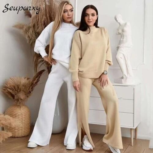 High Quality Fashion WomenS Casual 2 Two-Piece Set 2021 Spring Sexy O-Neck Long-Sleeved Pullover + Pants Knit Loose Set