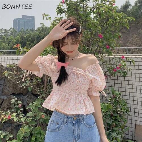Blouse Women Kawaii Holiday Summer Korean Style Stretchy Ruffles Slim Sweet Sexy Puff Sleeve Floral Pleated Crop Top Slash Neck