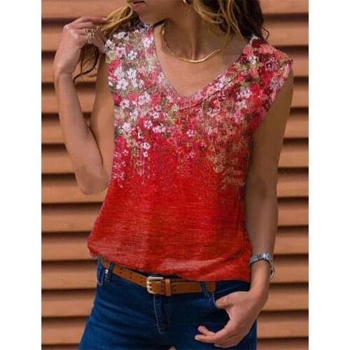 Fashion Flower Print Shirt Casual Spring Summer Sleeveless Pullover Tops Elegant Women V-Neck T-Shirt Streetwear