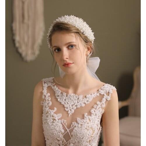 Korean Tiara Ladies Wedding Headpiece Pearls Beaded Tulle Headpieces Women Bridal Hair Accessories