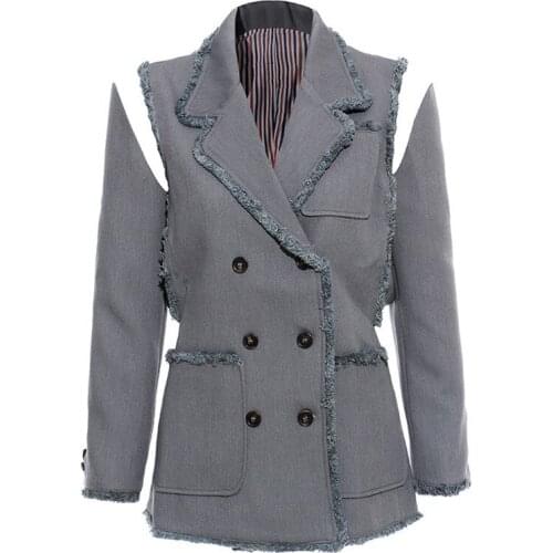 SeeBeautiful New Fashion Spring 2021 Notched Long Sleeve Exposed Shoulder Double Breasted Loose Coat Single Suit Women A615