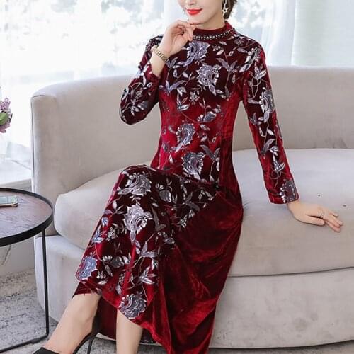 Fall Spring Women Wine Red Black Printed Floral Velvet Long Dress , Autumn Vintage Woman Beading Velour Cheongsam Dresses