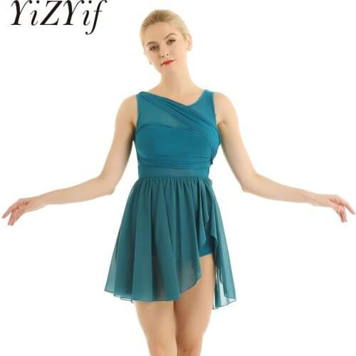 Women Sleeveless Asymmetric Chiffon Solid Gymnastics Leotards Ballet Figure Skating Dress Contemporary Lyrical Dance Costumes