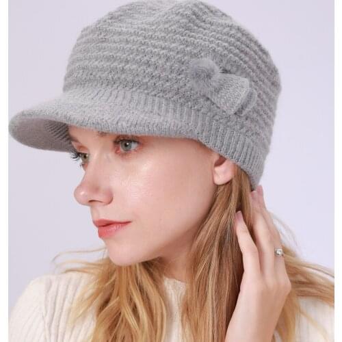 Winter new solid color knitted hat with velvet warm rabbit fur wool cap beret