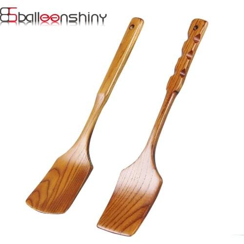 BalleenShiny Natural Wooden Turner Long-handled Wood Shovel Spatula Spoon Rice Scoop Kitchen Utensil Cooking Tool for Pans Steak