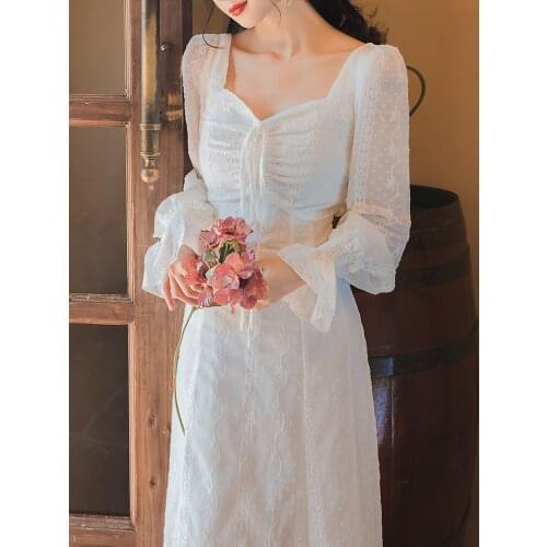 SWEETXUE French Vintage Flared Sleeve Square Neck Embroidery Dress vestido de mujer
