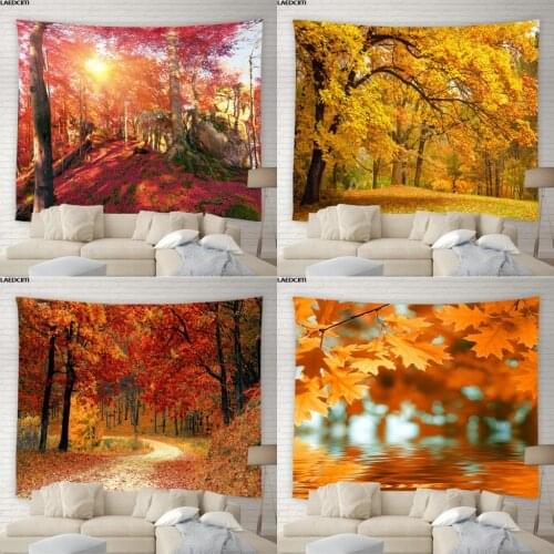 Forest Maple Leaves Red Foliage Tapestry Trees Road Autumn Natural Landscape Background Wall Hanging Living Room Bedroom Decor