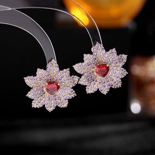 Sweet delicate high end fashion color love earrings micro stereo flower studded zirconium earrings