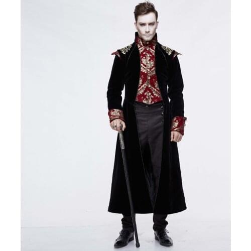 Gothic Vintage Winter Jacket Men Super Long Coat Black Red Patchwork Lapel Sleeves