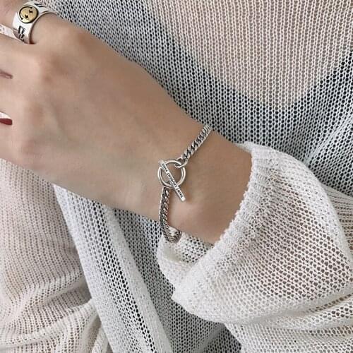 Charm 925 sterling silver bracelets for women, letter T bar Round loop, chain bracelet, party engagement fine jewelry Accessory