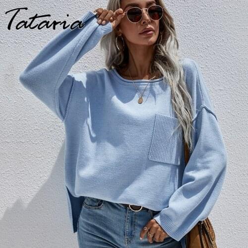 Autumn 2021 Womens Clothing Knitted Sweater for Girl Classic Long Sleeve Top with Pocket O Neck Blue Knit Top Woman Pink Jumper