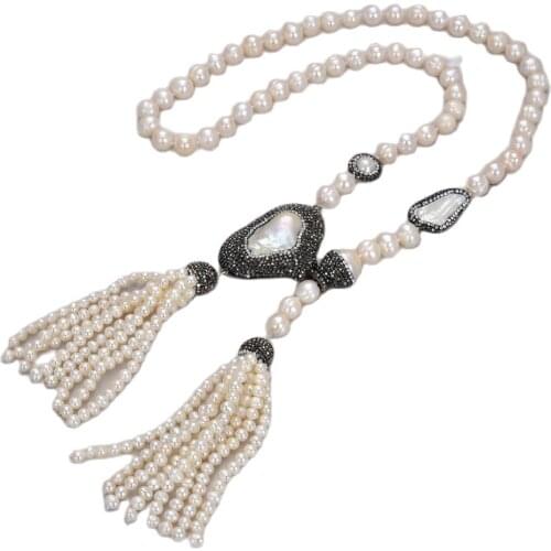 GG Jewelry 26'' White Pearl Necklace Big White Keshi Pearl Pendant