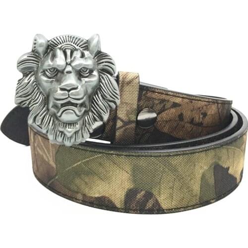 Western cowboy lion head zinc alloy belt buckle PU leather retro pattern belt men and women the same gift decoration