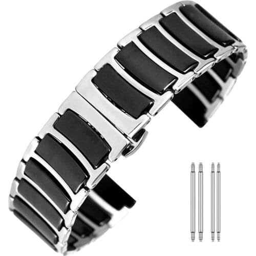 Ceramic Strap Between Stainless Steel Men Women Watchband 20mm 22mm Black White Wristwatch Bracelet Butterfly Buckle Spring Bars