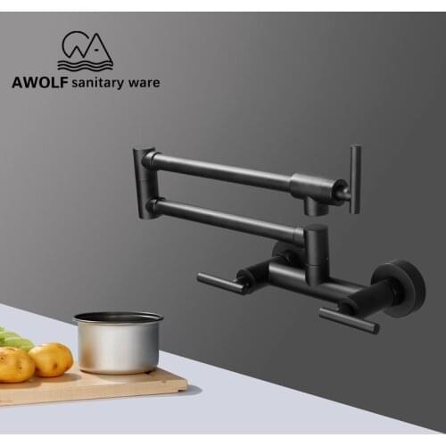 Kitchen Mixer Sink Faucet Pot Filler Tap Matte Black Dual Handle Dual Hole Wall Mounted Swinging Spout Hot And Cold Water FW006