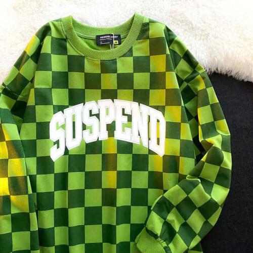 Green Grid Sweatshirt Spring Autumn Basic Hoodies for Women Colour Hoodie Casual Crewneck Sweatshirt Hip Hop Tops Streetwear