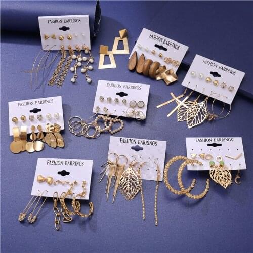 Gold Color Geometric Pearl Crystal Stud Earrings for Women New Boho Earrings Set Punk Jewelry 2021 Female Fashion Statement