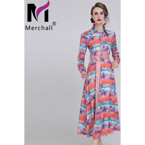 Runway Design Autumn Floral Shirt Dress Female Elegant Turn Down Collar Long Sleeve A Line Long Maxi Prom Dress Vestidos M68660