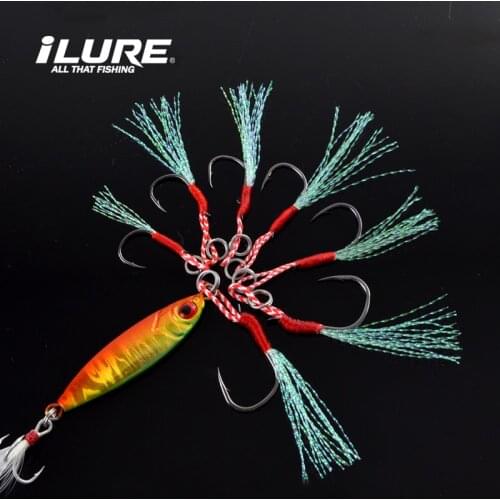 10pcs/Lot Metal Jig Assist Hook With PE Line Feather Split Ring Jigging Spoon Saltwater Fishhook Spoon Jig Lure Hooks