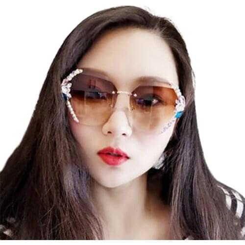 2021 Fashion Brand Design Vintage Rimless Rhinestone Sunglasses Women Men Retro Cutting Lens Gradient Sun Glasses Female UV400
