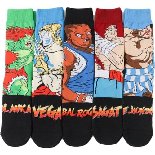 5 pairs of cotton personality anime socks for men in tube Street Fighter game socks trend cartoon men socks