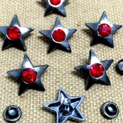 30PCS 15MM Gun Metal Star Studs Rivet Punk Bottom Studs Spike Red Crystal Studs Fit Shoes Belt Bag Accessorie Leather Craft