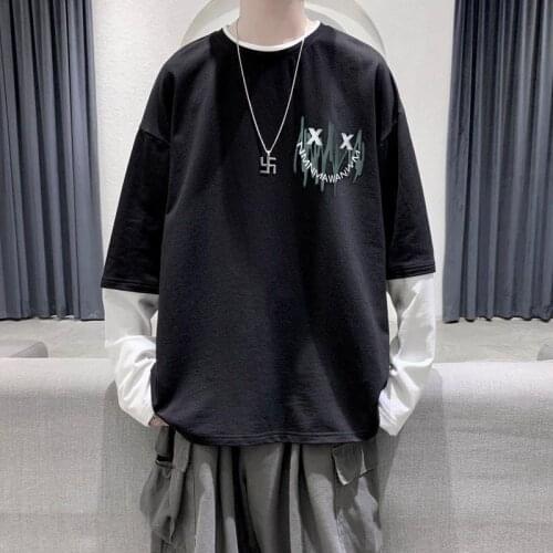 Mens spring and autumn long-sleeved T-shirt Korean version of the trend loose sweater ins tide brand fake two mens clothes