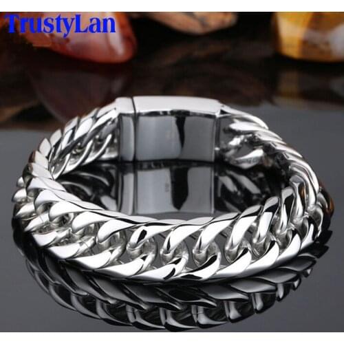 TrustyLan Gift Jewelry Never Fade 19MM Wide Men Bracelet Stainless Steel Mens Chain Bracelets Solid Metal Bracelete Armband