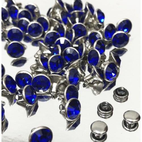 New Coming 8MM 50 Sets CZ++ Royal Blue Crystal Rivets Silver Plated Spots Studs Double Cap for DIY Leather-Craft Making