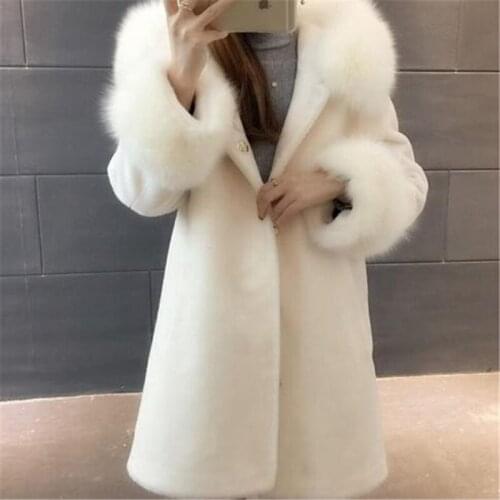 New Classic Imitation Fur Collar Hooded Women Coat White Pink Mid-length Jacket Faux Fur Fur Coat Warm Winter Women Clothing